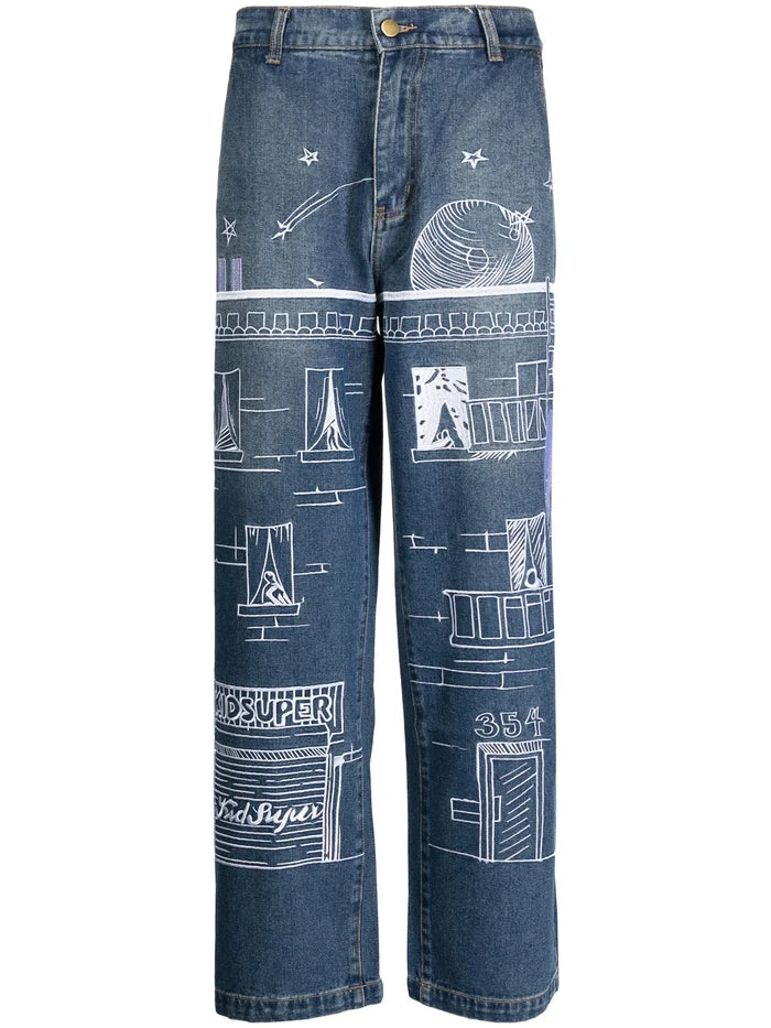 KIDSUPER Fire Escape Straight Leg Jeans Blue - MAISONDEFASHION.COM
