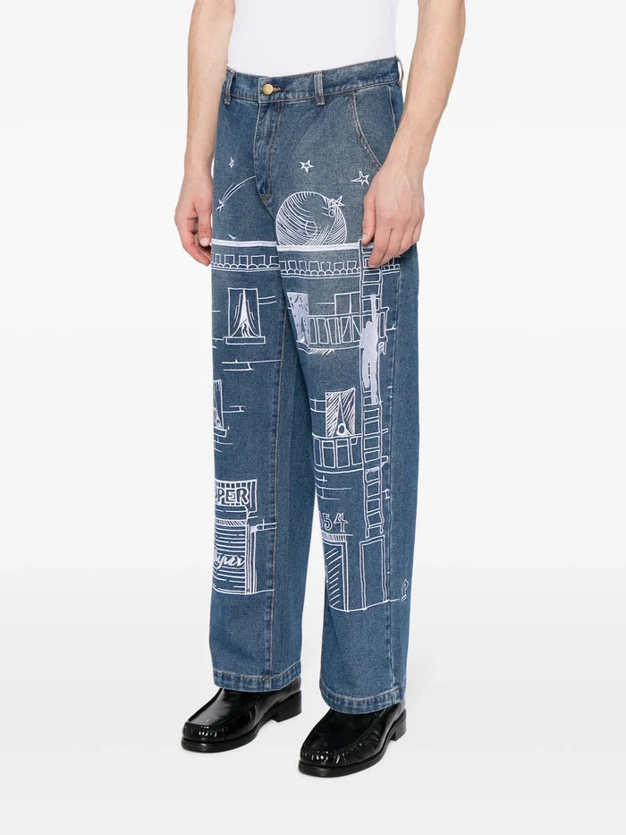 KIDSUPER Fire Escape Straight Leg Jeans Blue - MAISONDEFASHION.COM