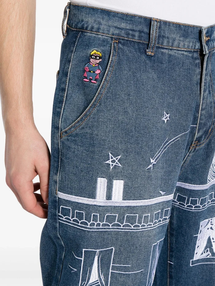 KIDSUPER Fire Escape Straight Leg Jeans Blue - MAISONDEFASHION.COM