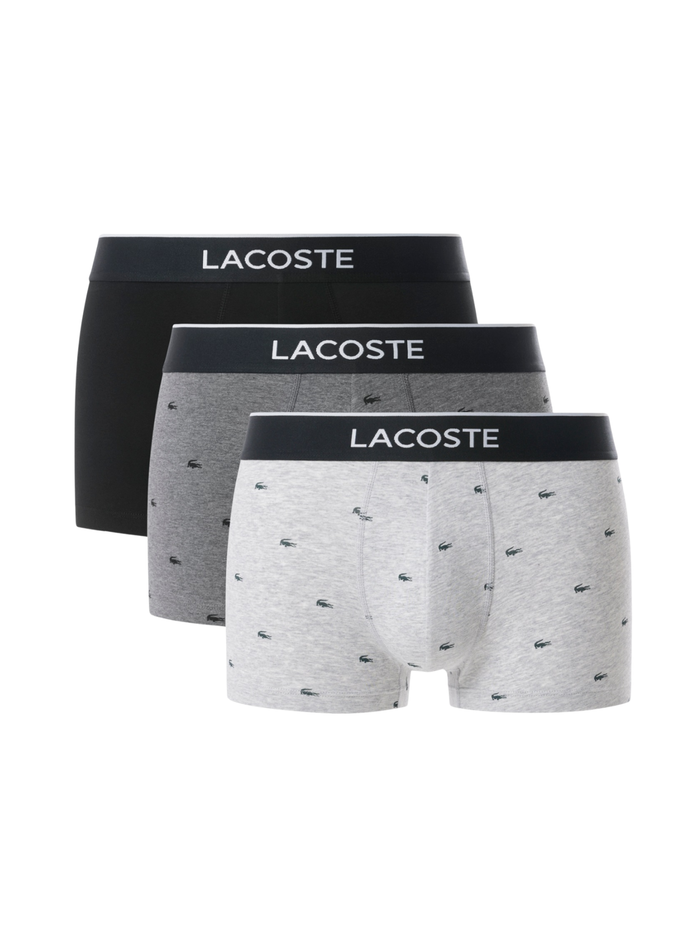 LACOSTE 3-Pack Printed Stretch Trunks Black/Grey - MAISONDEFASHION.COM