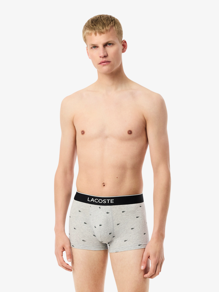 LACOSTE 3-Pack Printed Stretch Trunks Black/Grey - MAISONDEFASHION.COM