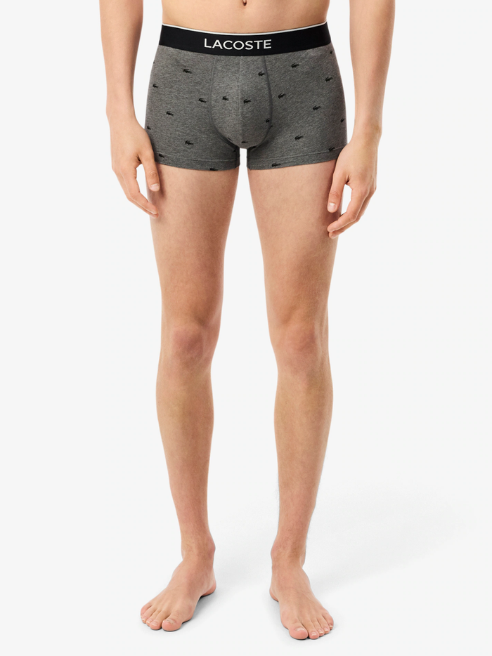 LACOSTE 3-Pack Printed Stretch Trunks Black/Grey - MAISONDEFASHION.COM