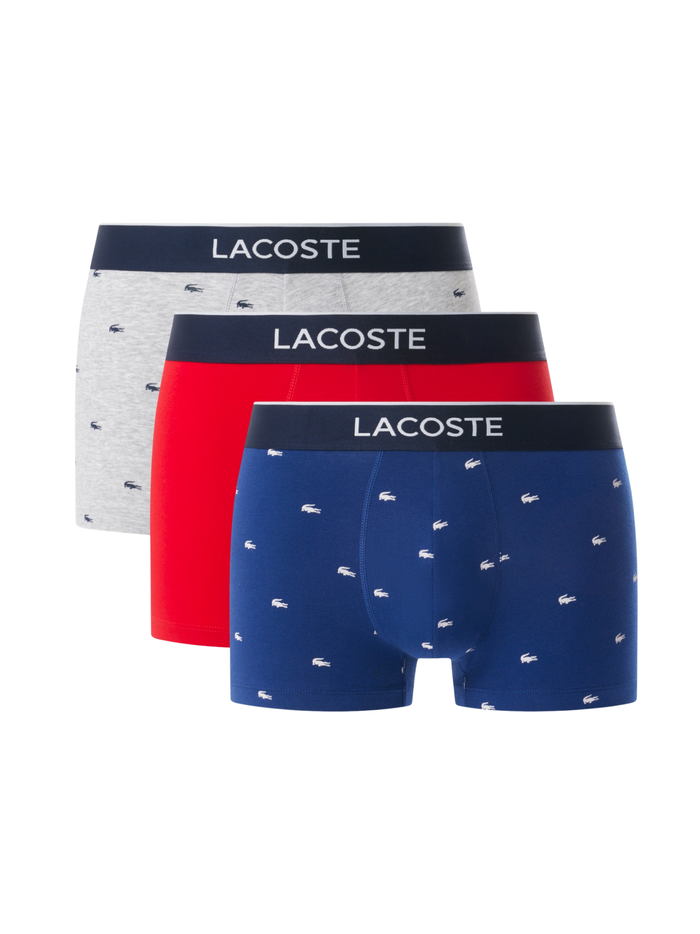 LACOSTE 3-Pack Printed Stretch Trunks Navy/Grey/Red - MAISONDEFASHION.COM