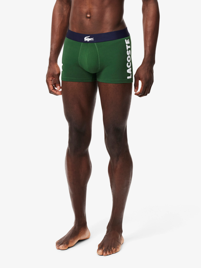 LACOSTE 3-Pack Stretch Cotton Trunks Green/Navy/White - MAISONDEFASHION.COM