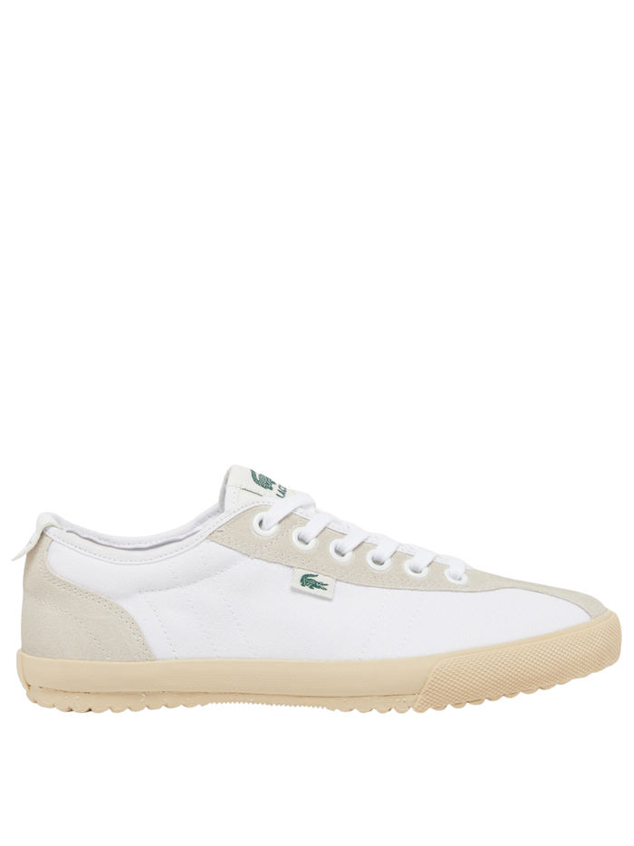 LACOSTE Backslam white leather sneakers with tan suede heel panel and green crocodile logo side view