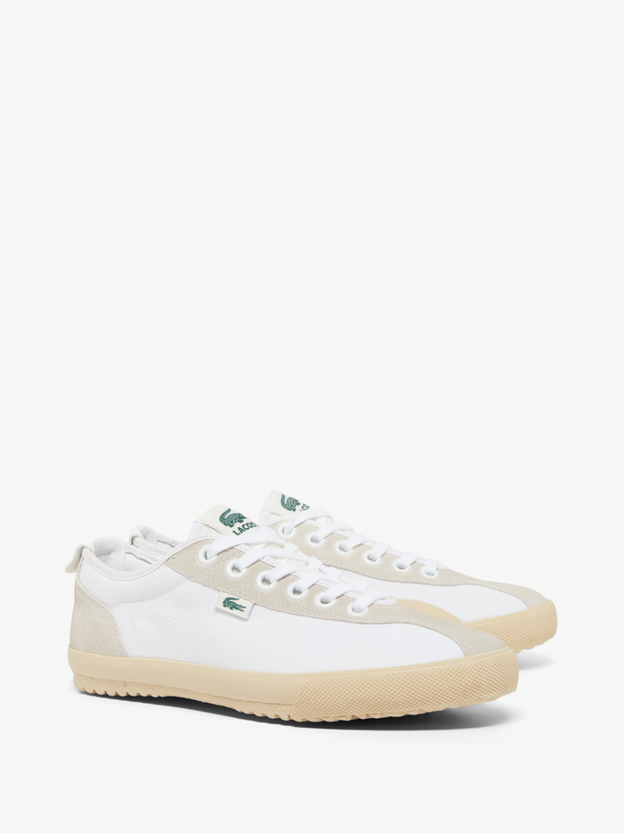 White LACOSTE Backslam trainers featuring tan brown suede accents and embroidered crocodile branding