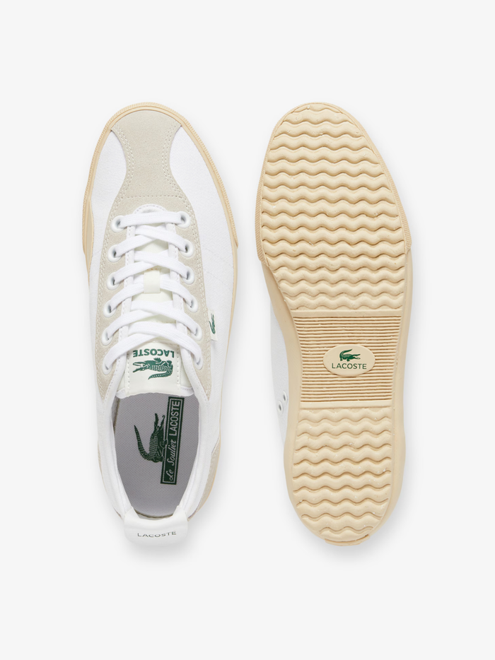 LACOSTE Backslam white leather sneakers top view displaying white laces, padded tongue and premium construction