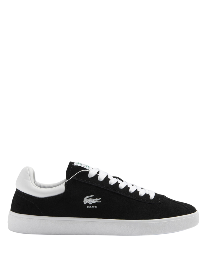 LACOSTE Baseshot Leather Sneakers in Black/White - front view showing classic low-top silhouette and iconic crocodile logo