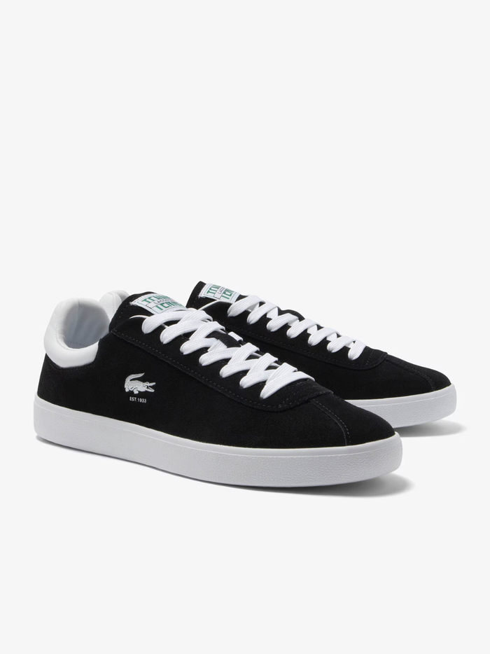 LACOSTE Baseshot Leather Sneakers in Black/White - back view highlighting heel design and brand detailing