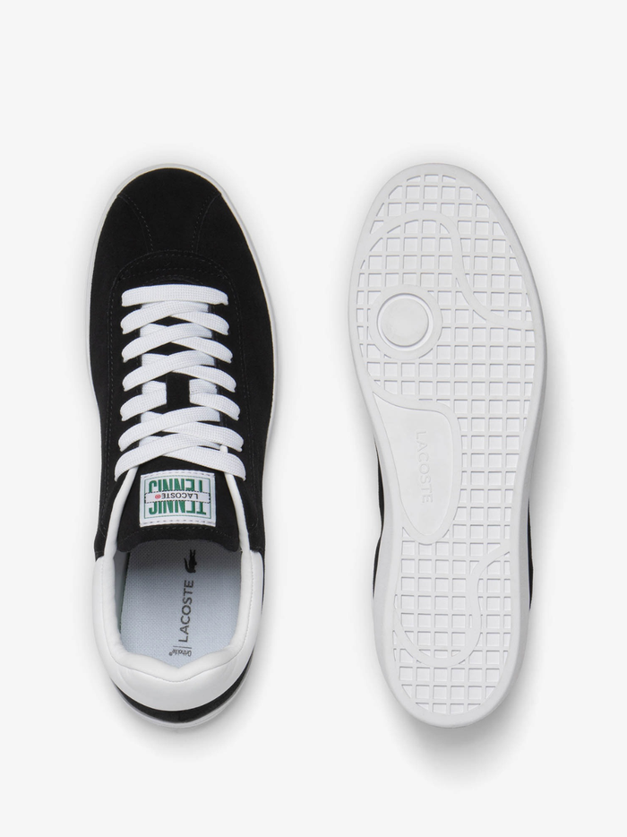 LACOSTE Baseshot Leather Sneakers in Black/White - sole view displaying rubber outsole pattern and traction design