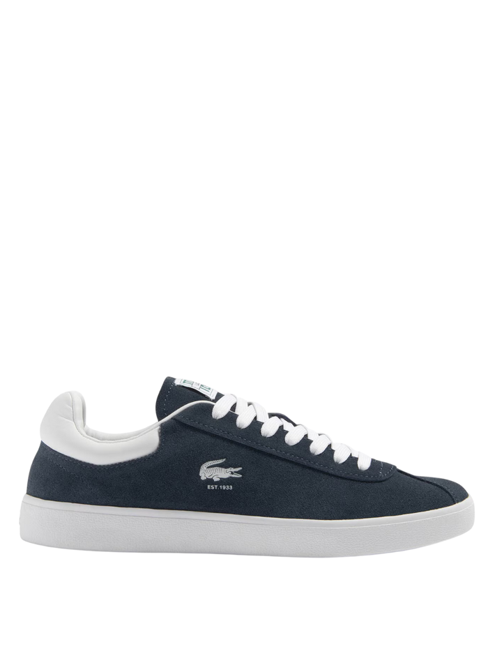 LACOSTE Baseshot Leather Sneakers in Navy/White - front view showing classic low-top silhouette and iconic crocodile logo