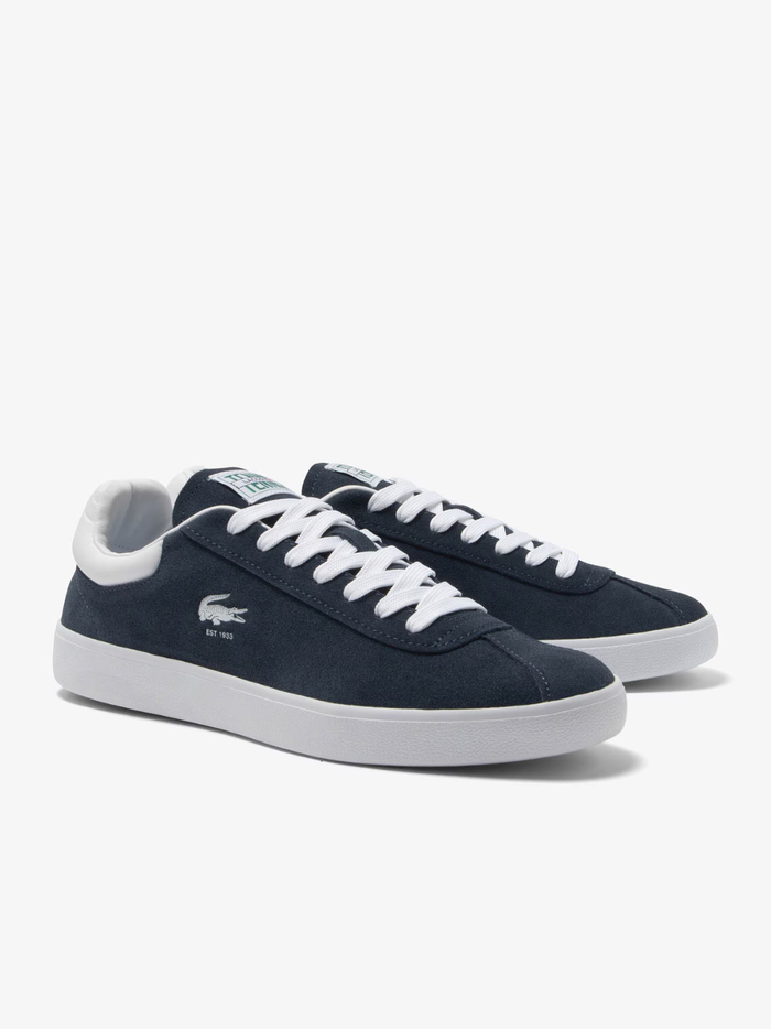 LACOSTE Baseshot Leather Sneakers in Navy/White - back view highlighting heel design and brand detailing