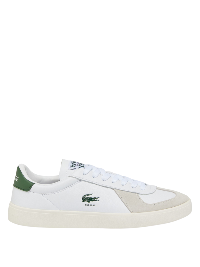 LACOSTE Baseshot Pro men's white leather sneakers with green crocodile logo and contrast gum rubber sole, side view