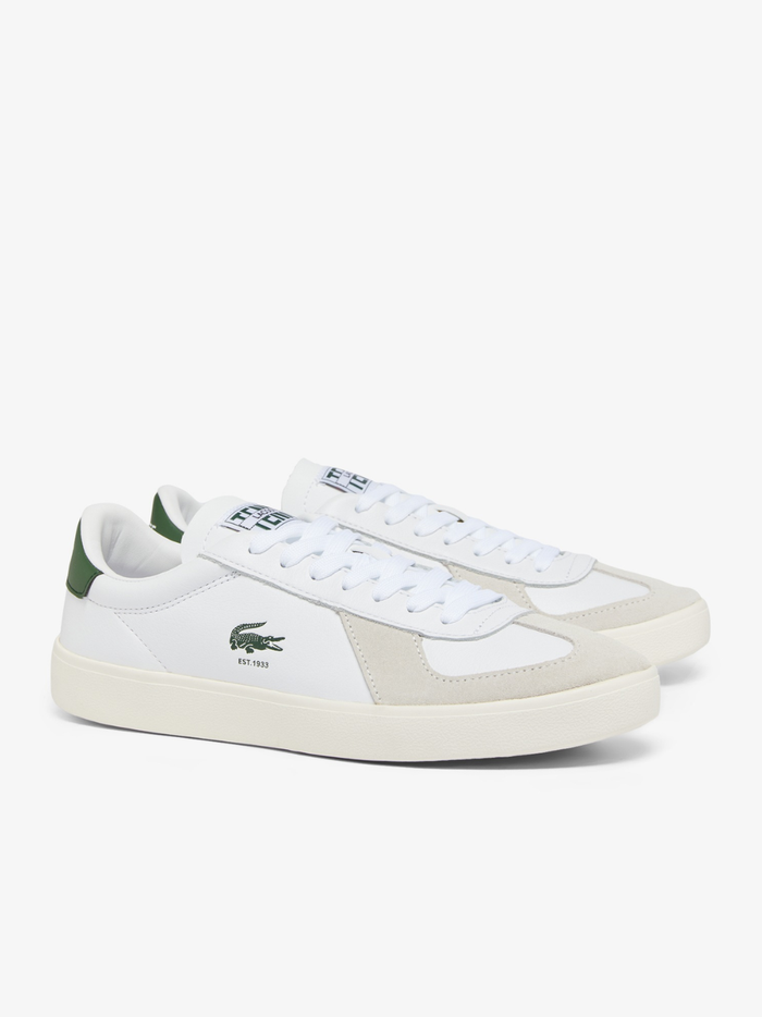 Overhead view of LACOSTE Baseshot Pro white leather trainers featuring tonal laces, clean upper design, and embroidered green crocodile logo