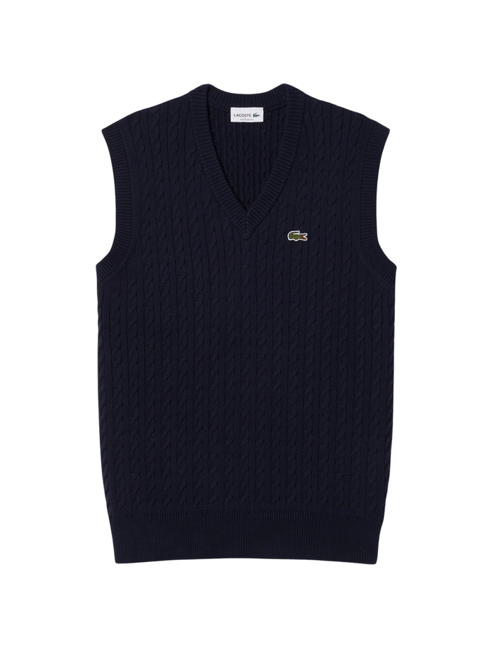 LACOSTE Cable Knit Cotton Sweater Vest Navy Blue - MAISONDEFASHION.COM