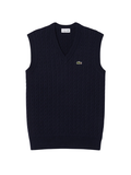 LACOSTE Cable Knit Cotton Sweater Vest Navy Blue - MAISONDEFASHION.COM
