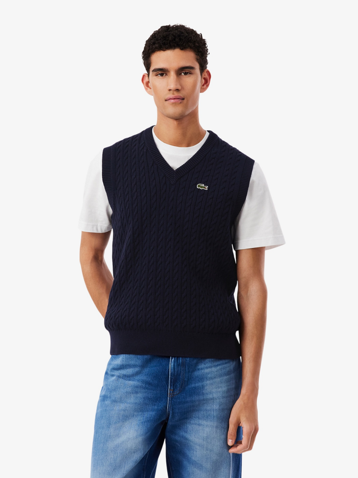 LACOSTE Cable Knit Cotton Sweater Vest Navy Blue - MAISONDEFASHION.COM