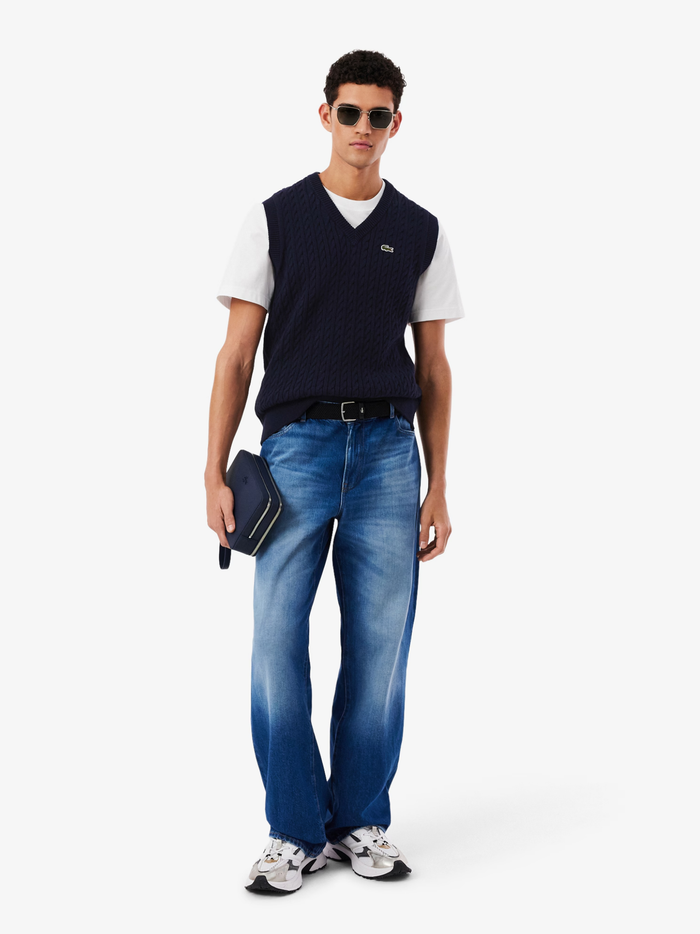 LACOSTE Cable Knit Cotton Sweater Vest Navy Blue - MAISONDEFASHION.COM