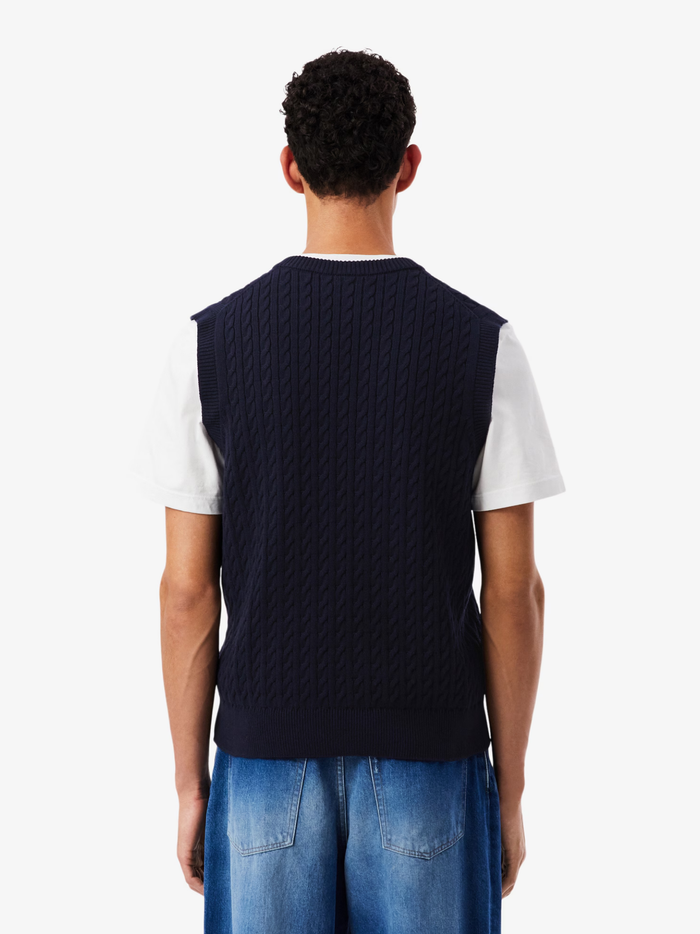 LACOSTE Cable Knit Cotton Sweater Vest Navy Blue - MAISONDEFASHION.COM