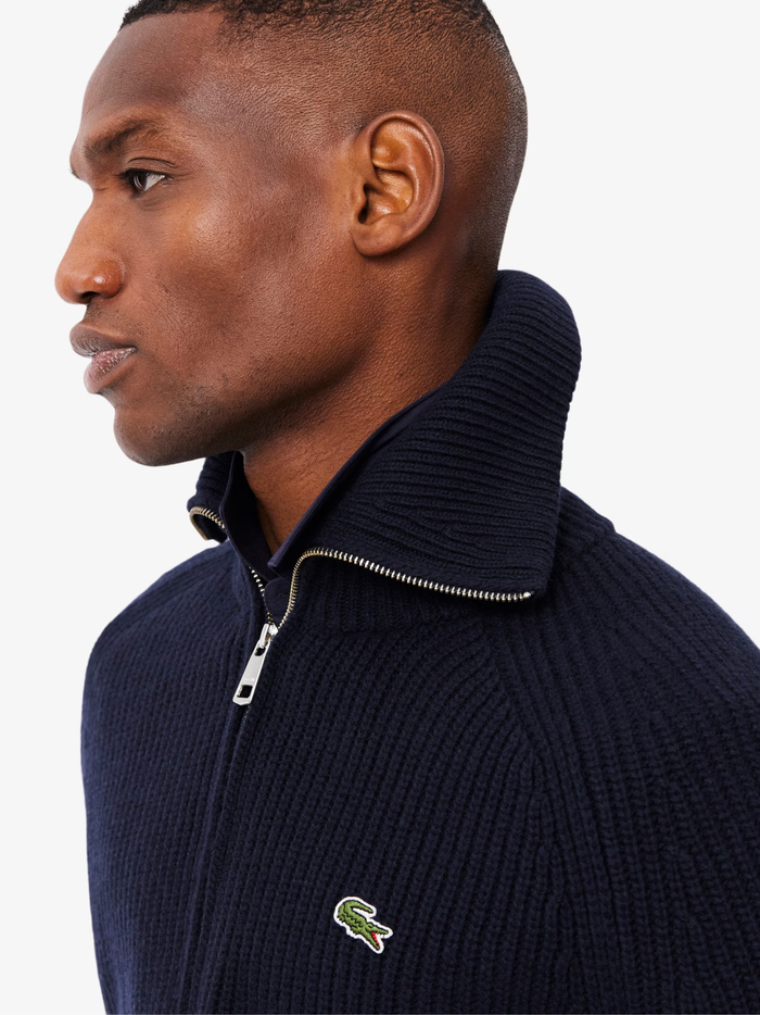 LACOSTE Carded Wool High Neck Zipped Sweater Midnight Blue - MAISONDEFASHION.COM