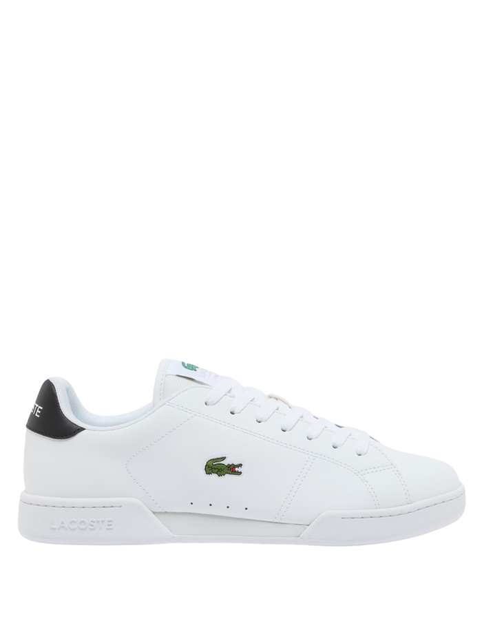 LACOSTE Carnaby Cup men's white leather sneakers with green crocodile logo and contrast gum rubber sole, side view
