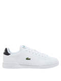 LACOSTE Carnaby Cup men's white leather sneakers with green crocodile logo and contrast gum rubber sole, side view