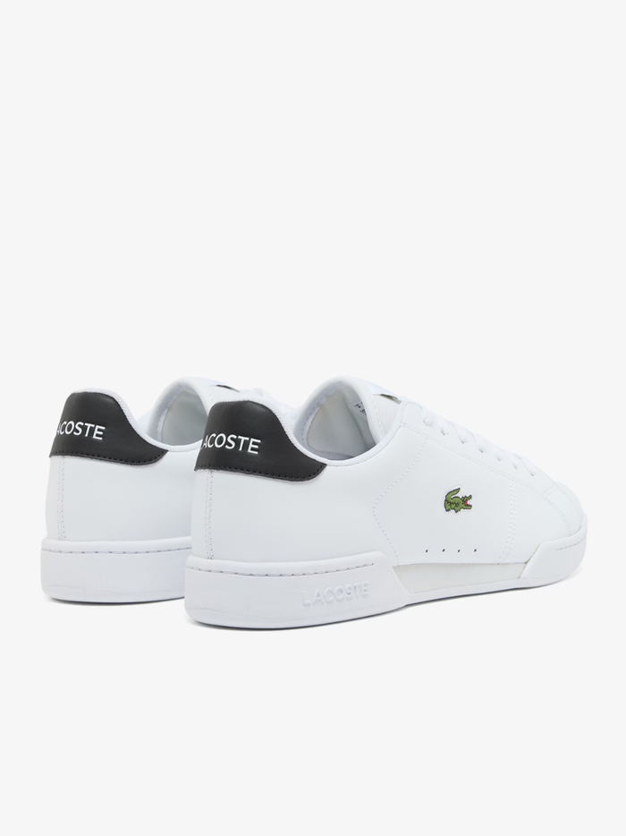 Overhead view of LACOSTE Carnaby Cup white leather trainers featuring tonal laces, perforated detailing, and embroidered green crocodile logo
