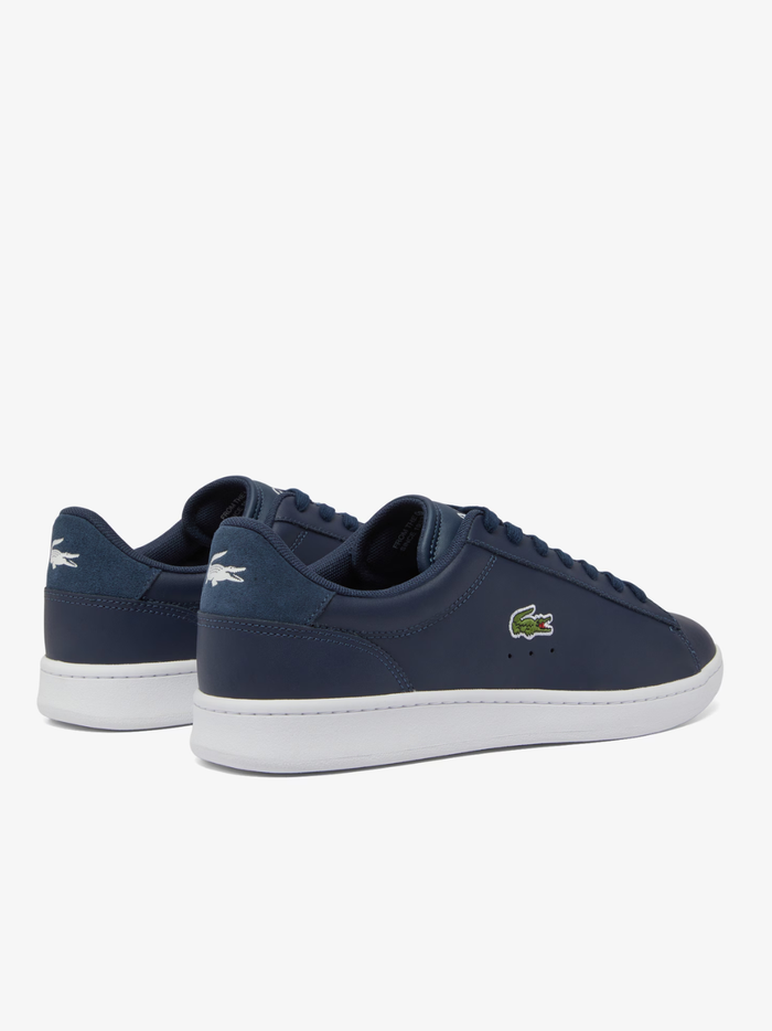 LACOSTE Carnaby Set Navy and White Leather Sneakers - Front Toe Box View Displaying Clean Two-Tone Design