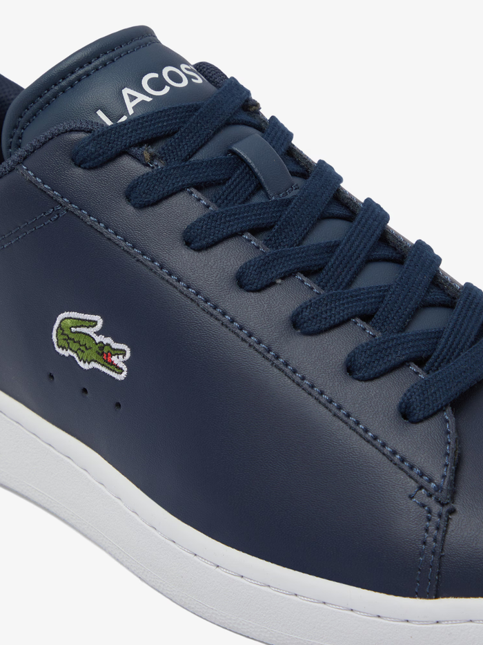 LACOSTE Carnaby Set Navy and White Leather Sneakers - Overhead View of Navy Laces and White Contrast Panels