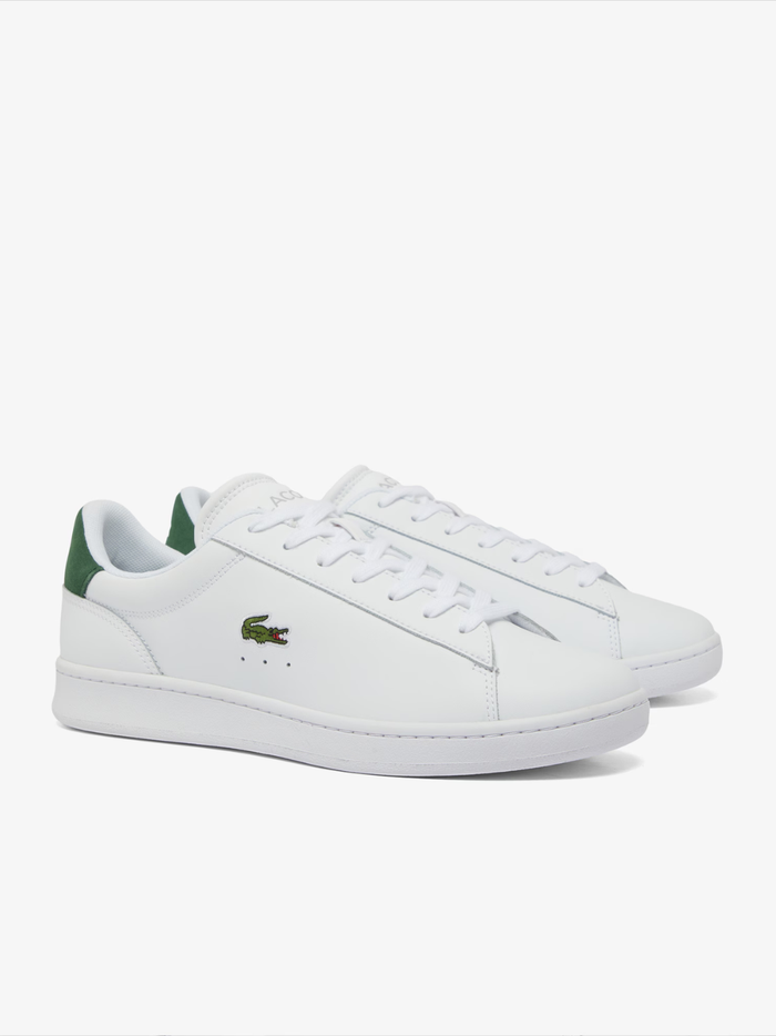 LACOSTE Carnaby Set White and Dark Green Leather Sneakers - Front Toe Box View Displaying Clean Two-Tone Design