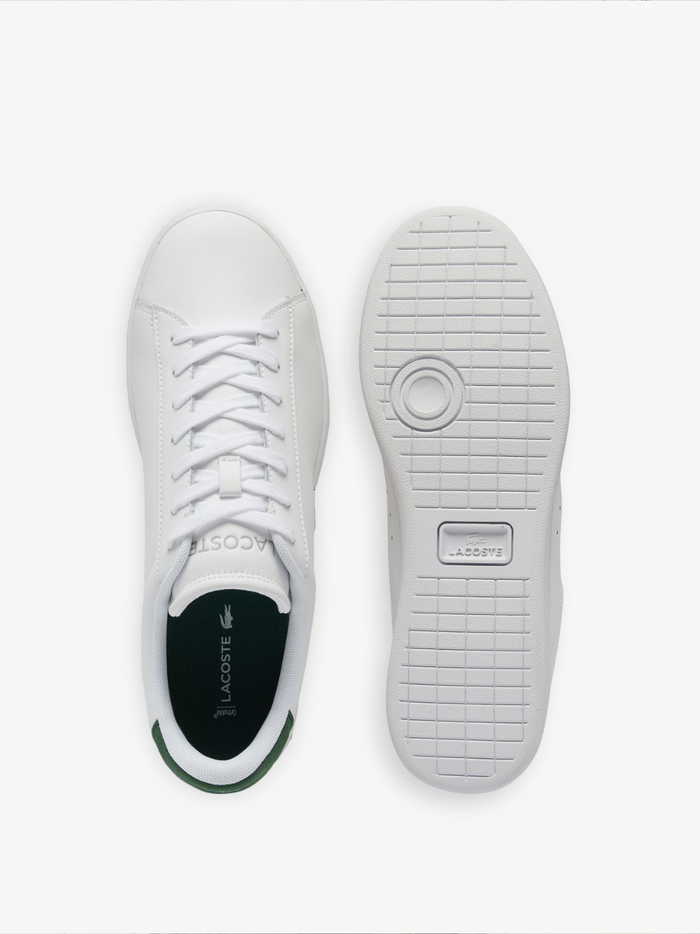LACOSTE Carnaby Set White and Dark Green Leather Sneakers - Overhead View of White Laces and Green Contrast Panels
