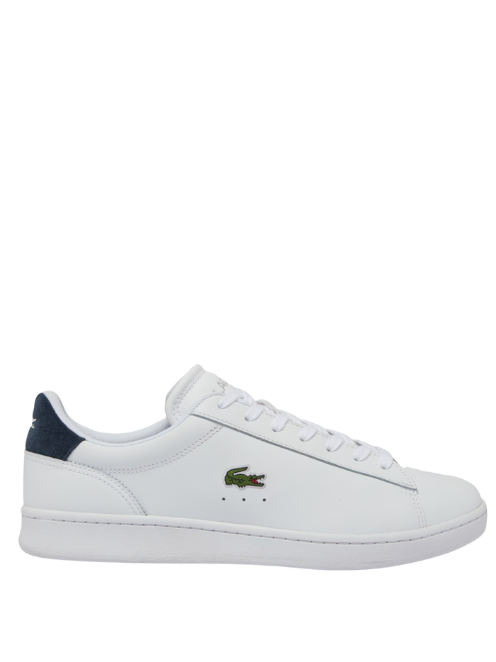 LACOSTE Carnaby Set white leather sneakers with navy blue heel tab and green crocodile logo side view