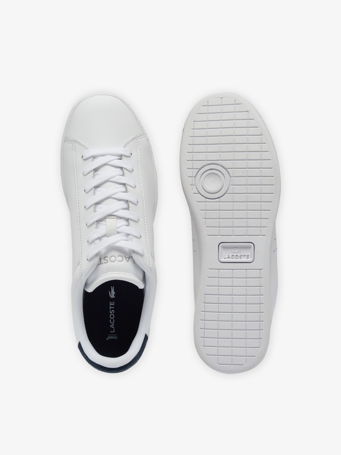 LACOSTE Carnaby Set white leather sneakers top view displaying white laces, padded tongue and premium leather construction