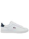 LACOSTE Carnaby Set white leather sneakers with navy heel tab and red stripe detail, iconic green crocodile logo