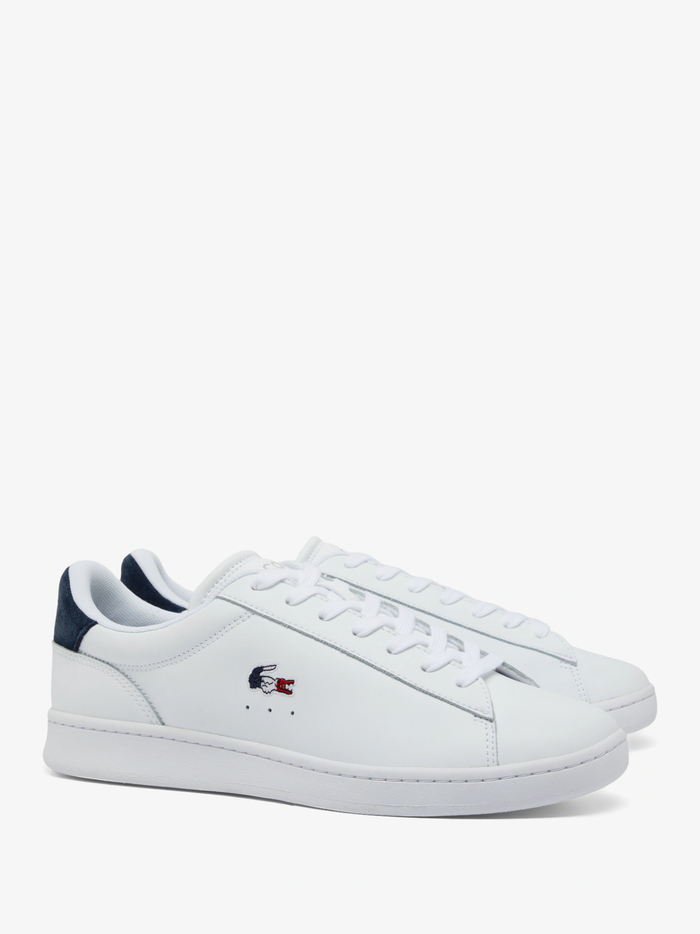 White LACOSTE Carnaby Set leather trainers featuring embroidered green crocodile branding and tricolour accents