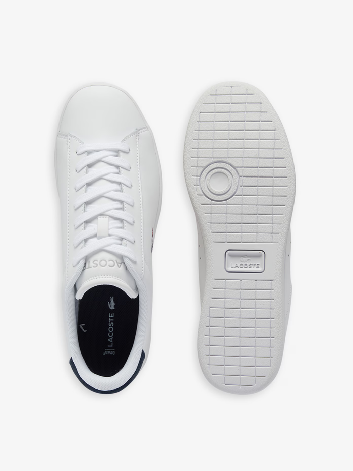 LACOSTE Carnaby Set white leather sneakers top view displaying white laces, padded tongue and premium leather construction