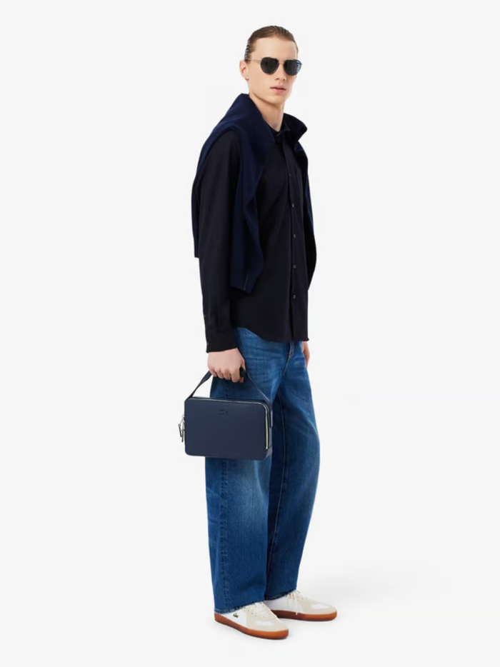 LACOSTE Chantaco Piqué Leather Reporter Bag Marine Blue - MAISONDEFASHION.COM
