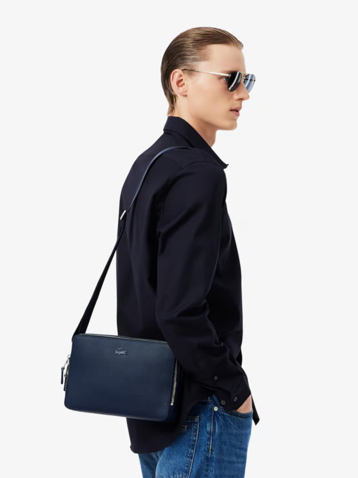 LACOSTE Chantaco Piqué Leather Reporter Bag Marine Blue - MAISONDEFASHION.COM