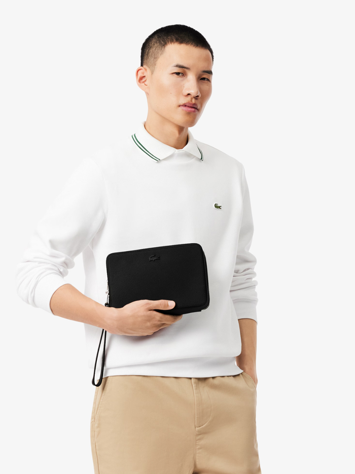 LACOSTE Chantaco Piqué Leather Zipped Pouch Black - MAISONDEFASHION.COM