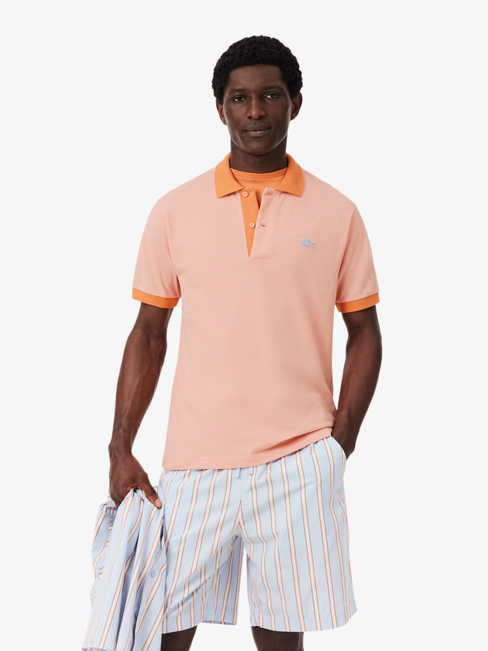 LACOSTE Classic Fit Contrast Rib Polo Rose/Orange - MAISONDEFASHION.COM