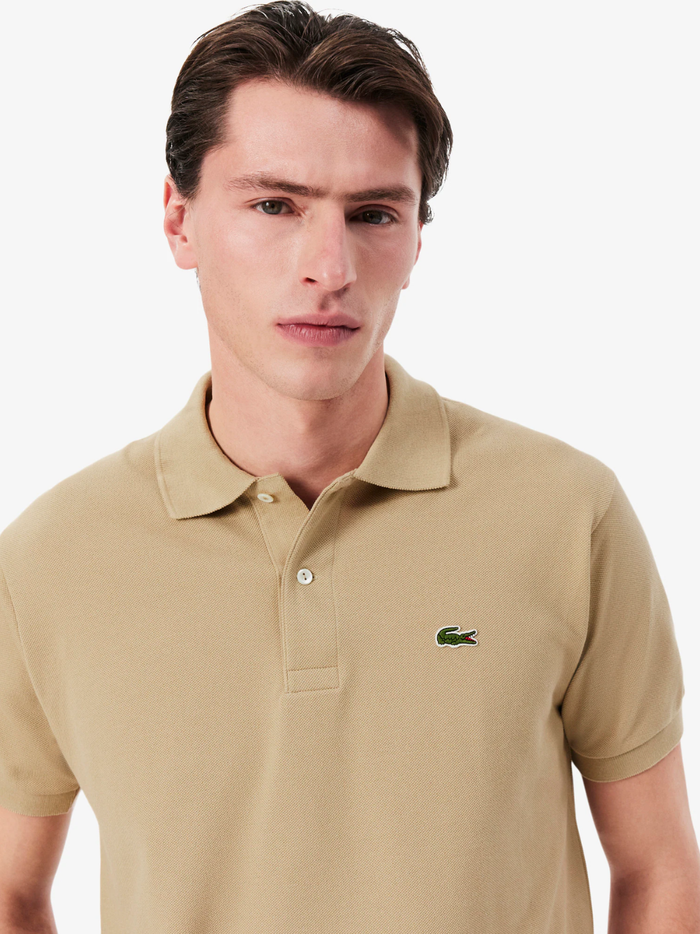 LACOSTE Classic Fit L.12.12 Original Polo Shirt in Beige - Close-up of Two-Button Placket and Ribbed Collar Detail