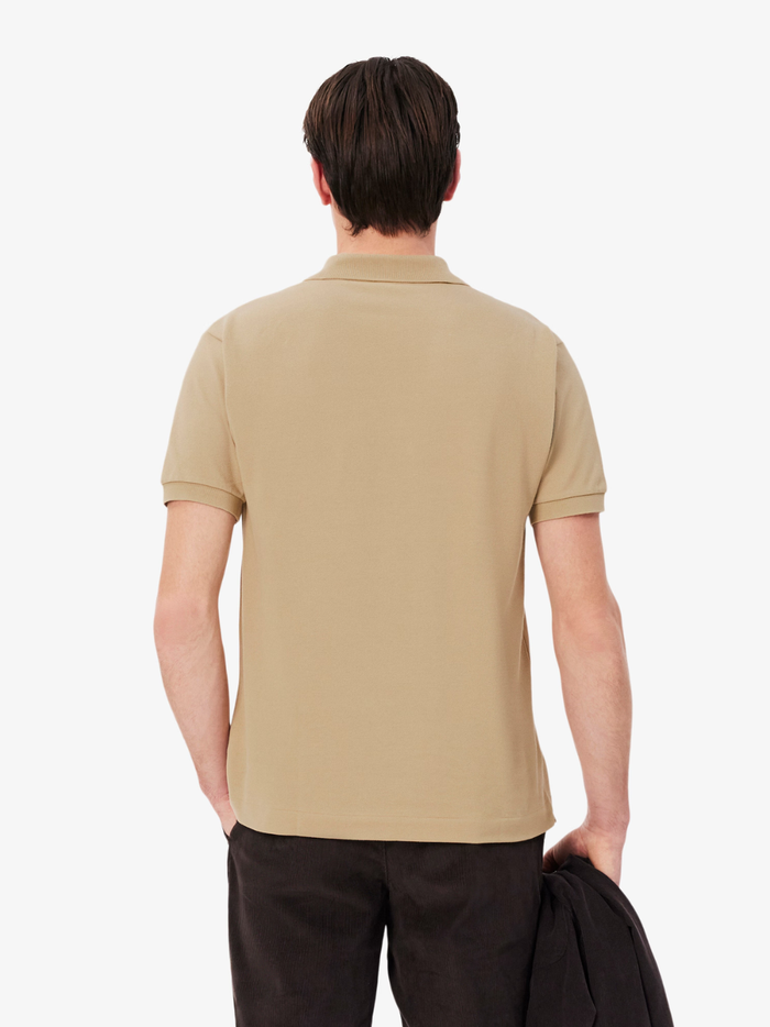 LACOSTE Classic Fit L.12.12 Original Polo Shirt in Beige - Chest Detail Featuring Iconic Embroidered Green Crocodile Logo