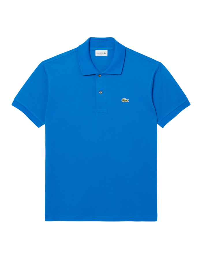 LACOSTE Classic Fit L.12.12 Original Polo Shirt in Denim Blue - front view showing iconic crocodile logo and classic polo collar