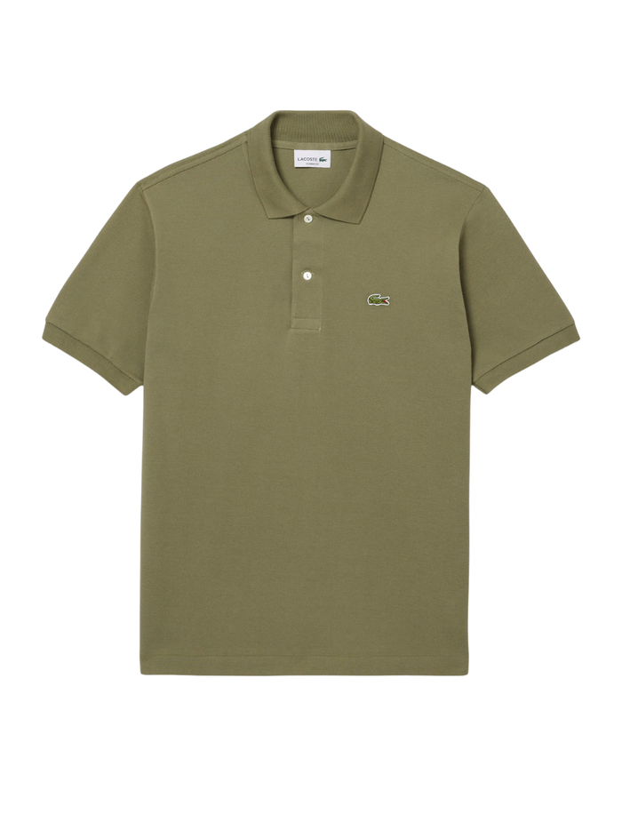 LACOSTE Classic Fit L.12.12 Original Polo Shirt in Khaki Green - front view showing classic polo collar and iconic crocodile logo