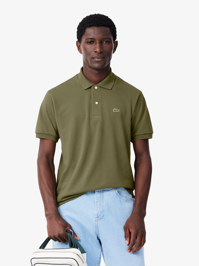 LACOSTE Classic Fit L.12.12 Original Polo Shirt in Khaki Green - back view displaying clean design and premium piqué cotton construction