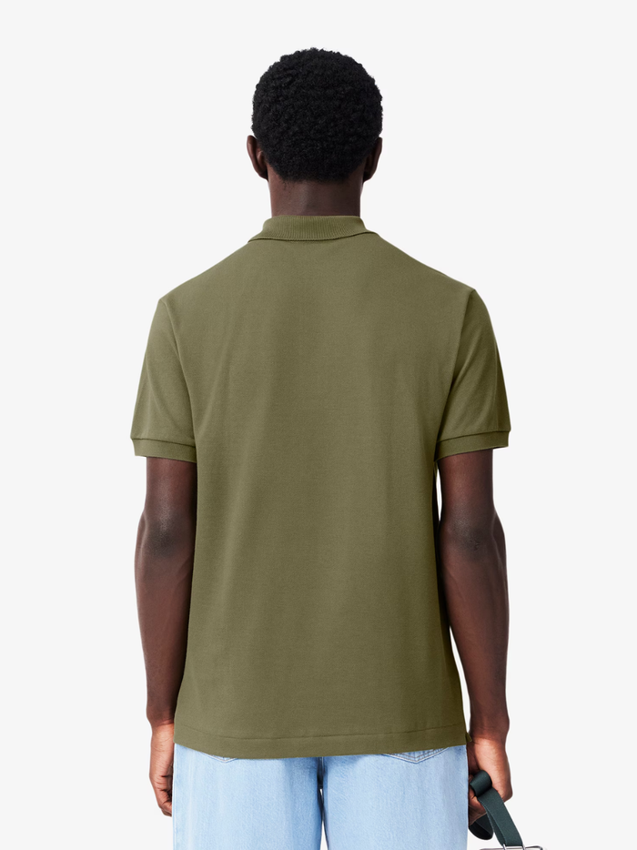 LACOSTE Classic Fit L.12.12 Original Polo Shirt in Khaki Green - close-up of premium piqué cotton fabric texture and button placket