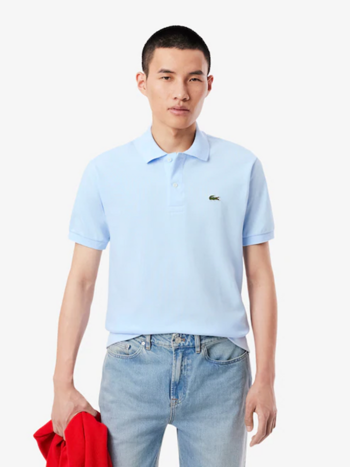 LACOSTE Light Blue polo shirt - back view displaying L.12.12 original piqué cotton fabric and classic fit