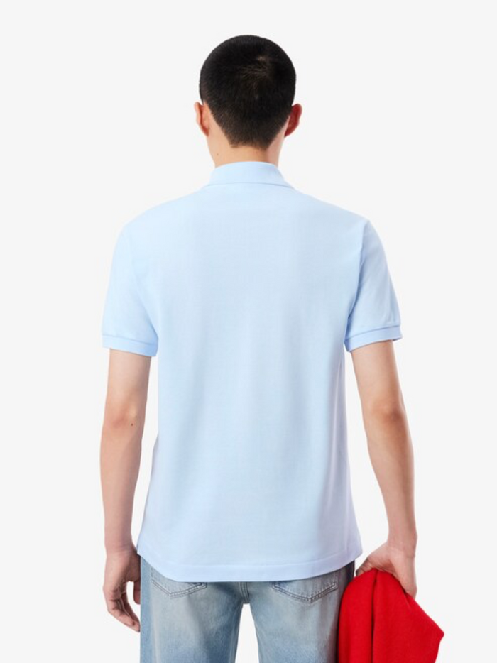 LACOSTE L.12.12 polo shirt in Light Blue - collar and button placket detail featuring classic polo styling
