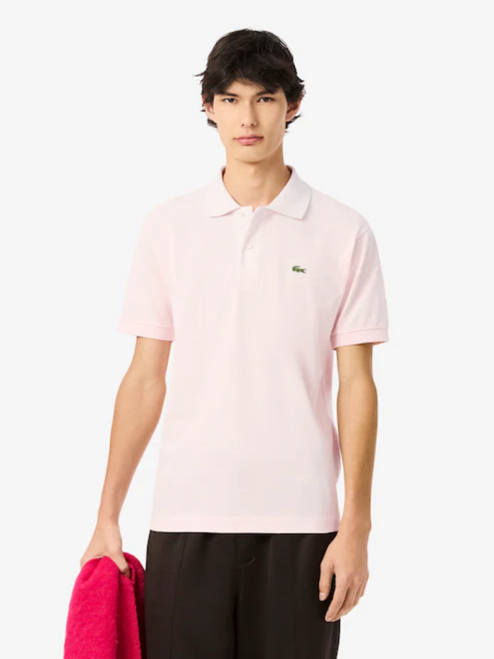 LACOSTE Light Pink polo shirt - back view displaying L.12.12 original piqué cotton fabric and classic fit