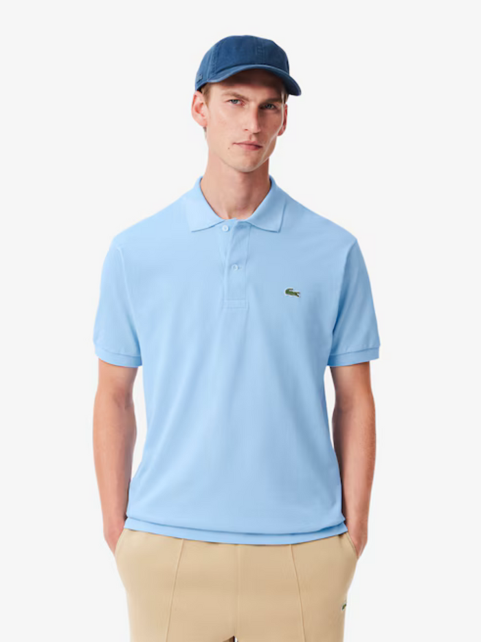 LACOSTE Pale Blue polo shirt - back view displaying L.12.12 original piqué cotton fabric and classic fit